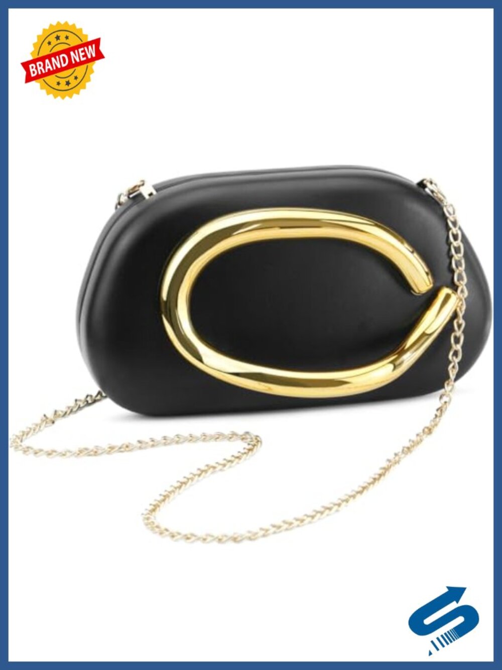 Round PU Leather Clutch with Metal Handle & Detachable Chain